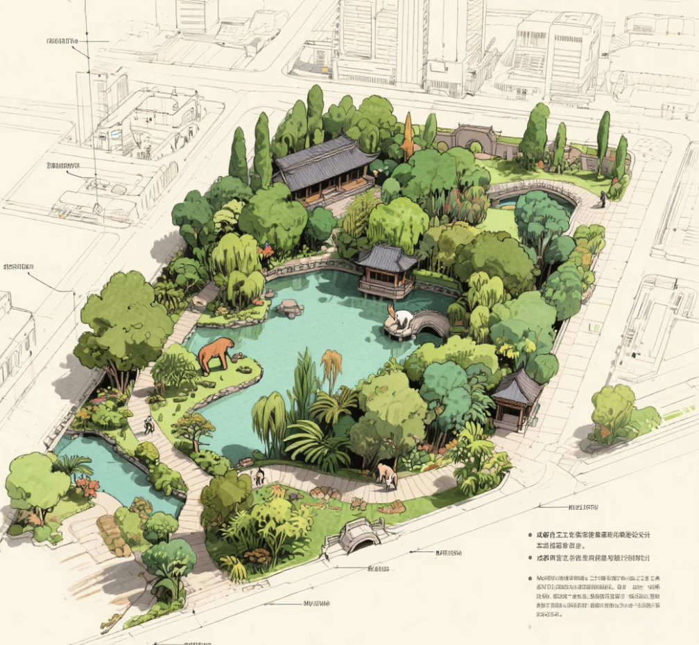 Beautiful traditional garden design with pond, pavilions, and lush vegetation - representing the harmony between nature and human observation