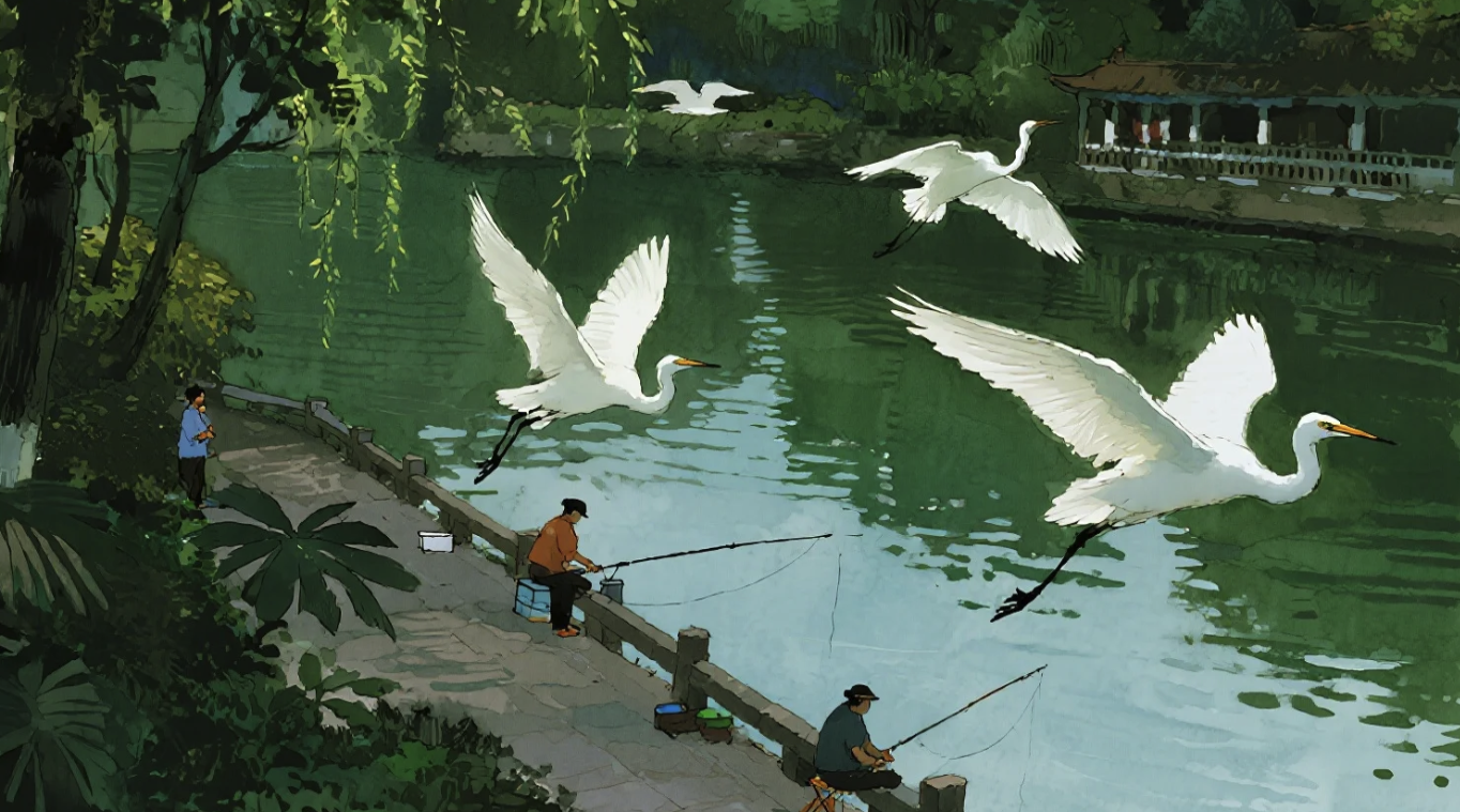 Serene lake scene with white herons flying and people fishing - Wind Flash Nature