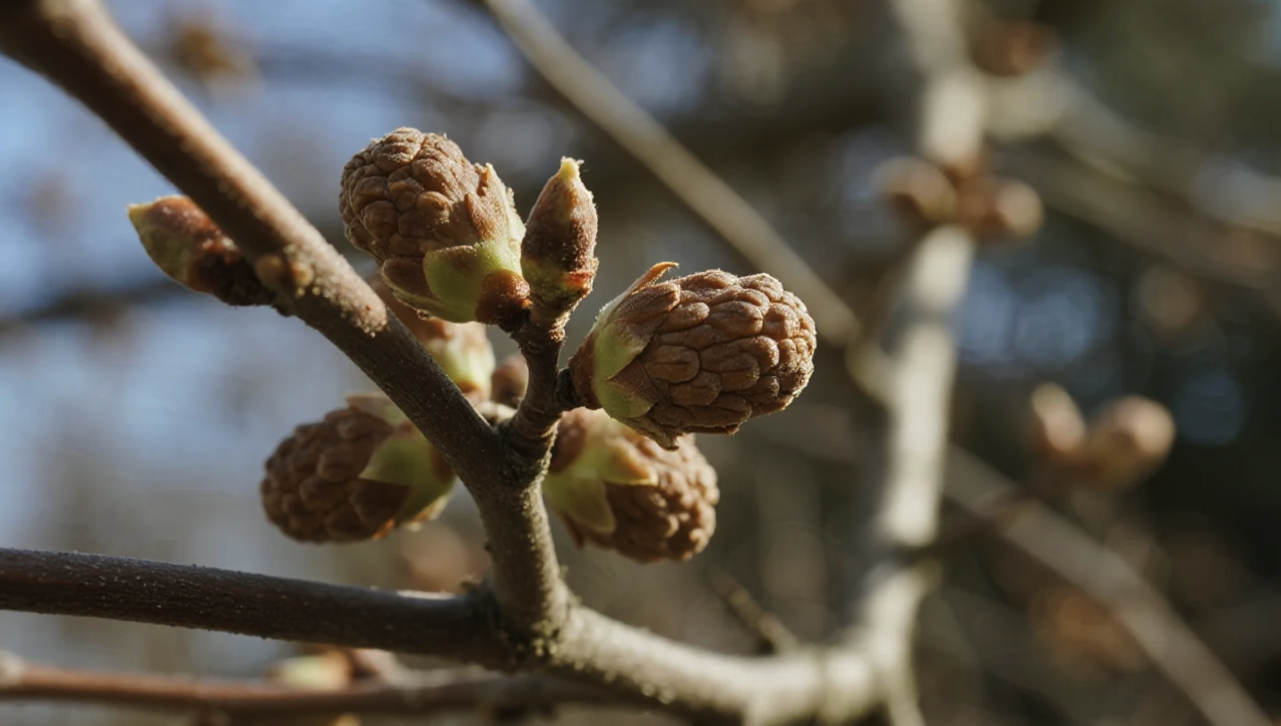 Spring tree buds beginning to open showing the transition from winter dormancy to spring growth - perfect example of seasonal plant phenology study